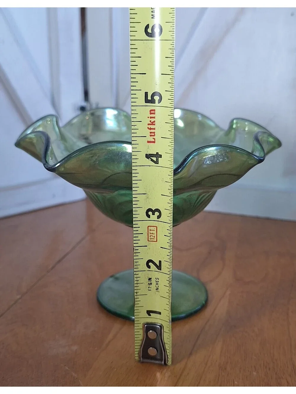 VTG Uranium Green Glass Scroll Embossed Footed Candy Compote Dish 4.5